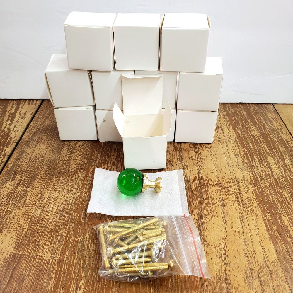 Set of 12 Green Glass Kitchen Cabinet Knobs Round Dresser Pulls Gold Hardware